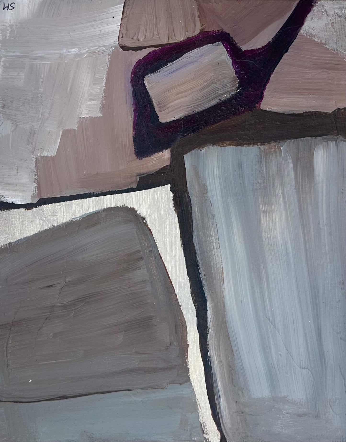 Abstract art with brush strokes in brown, purple, and gray.