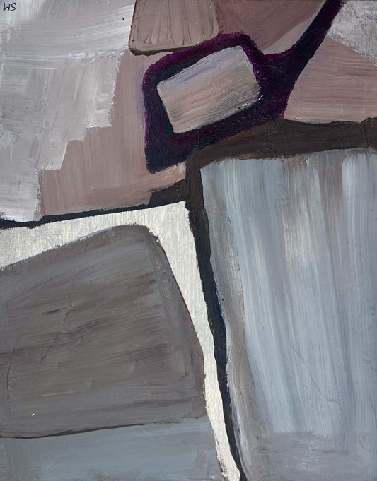 Abstract art with brush strokes in brown, purple, and gray.