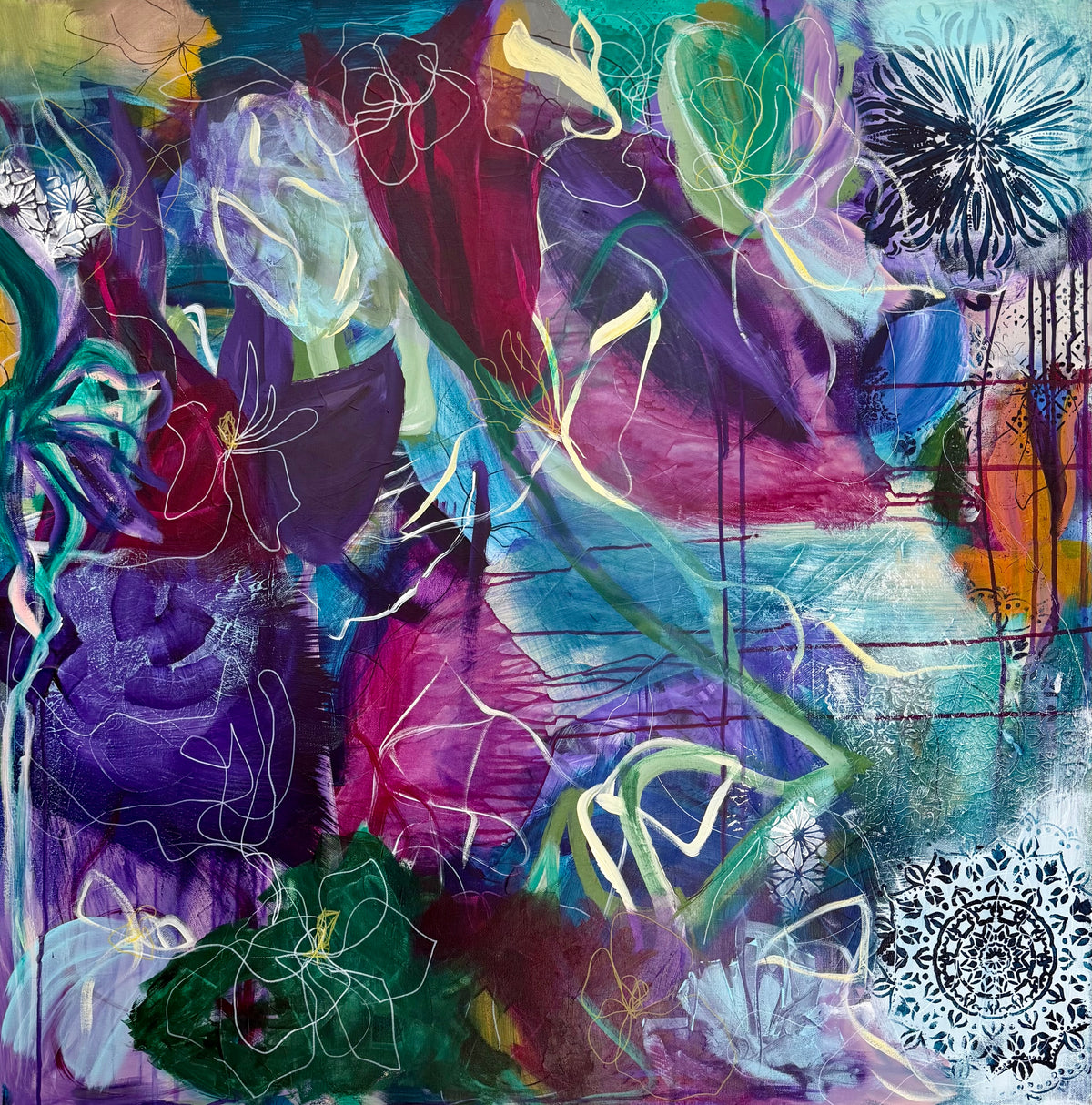 An abstract floral painting with layered brushstrokes and linework in purple, blue, teal, green, pink, and orange, featuring stylized flower forms and fine white sketch lines across the surface.