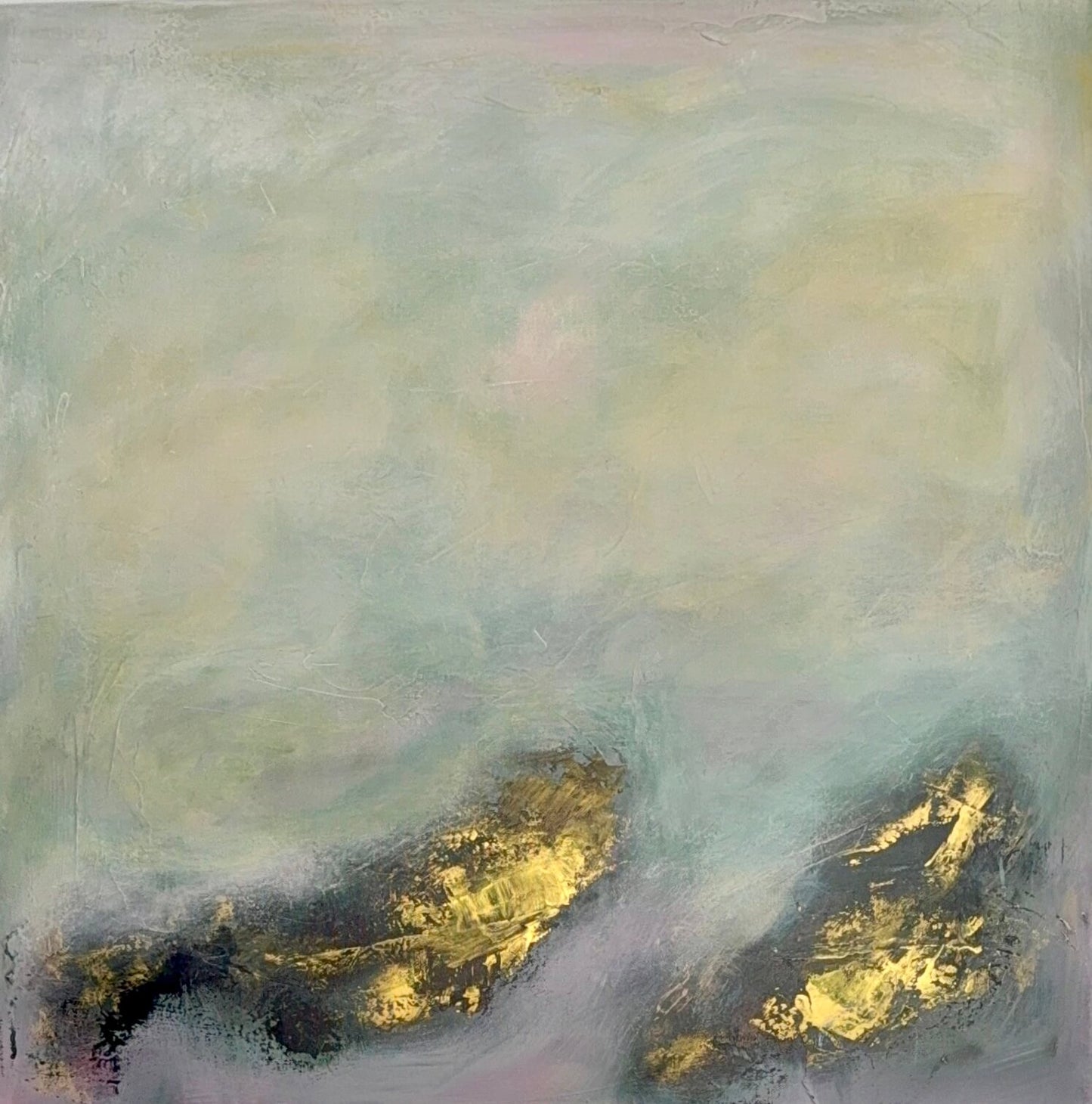 Abstract artwork with gold accents on a soft pastel background