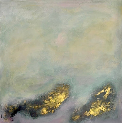 Abstract artwork with gold accents on a soft pastel background
