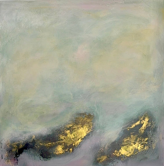 Abstract artwork with gold accents on a soft pastel background