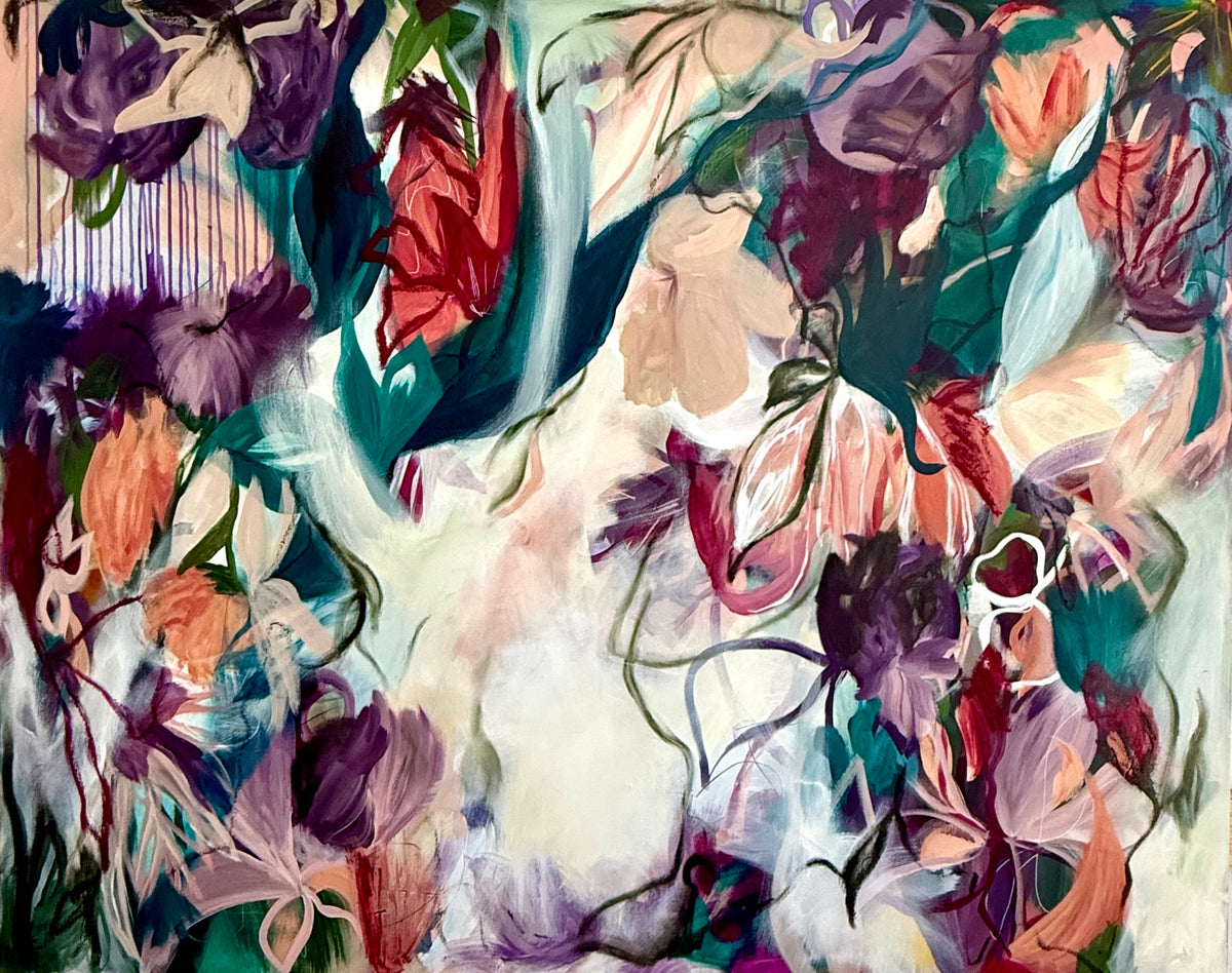 Colorful floral graffiti art pattern, abstract wall decor in multicolor painted fabric