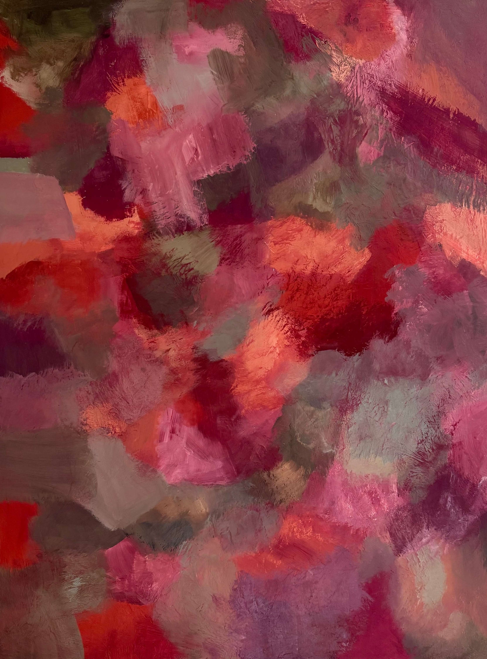 Abstract art with vibrant red, pink, and orange colors