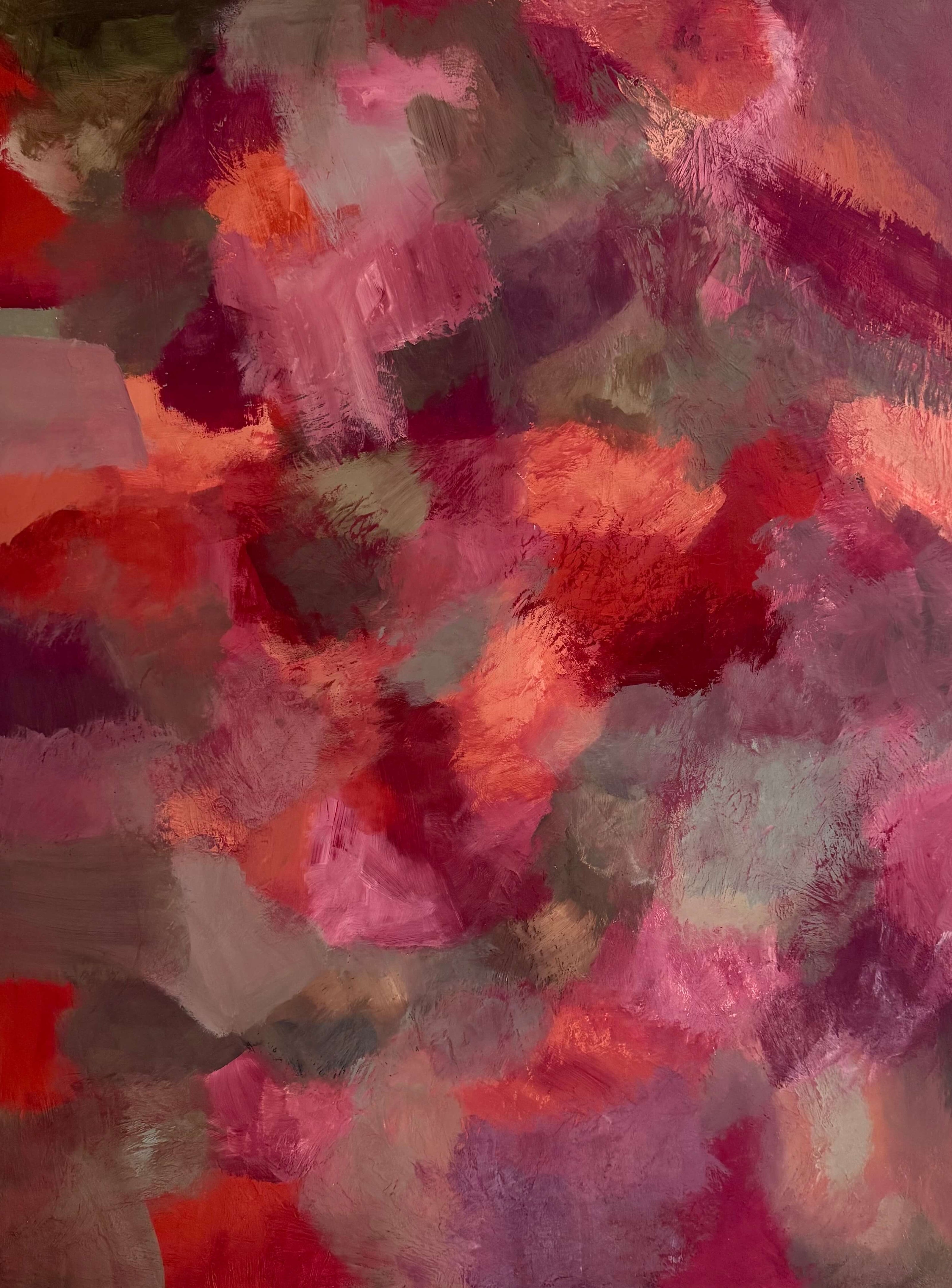 Abstract art with vibrant red, pink, and orange colors