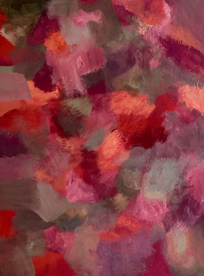 Abstract art with vibrant red, pink, and orange colors