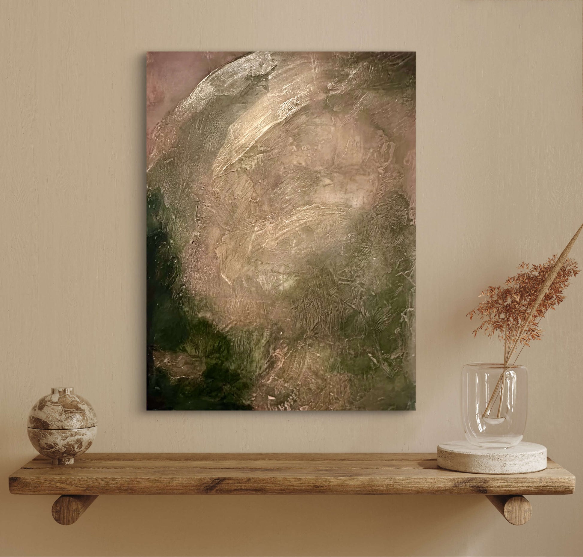 Abstract painting on a wall above a wooden shelf with decorative items.