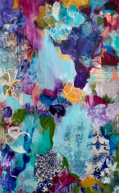 Abstract canvas art print with blue, purple, and teal layered textures and floral accents