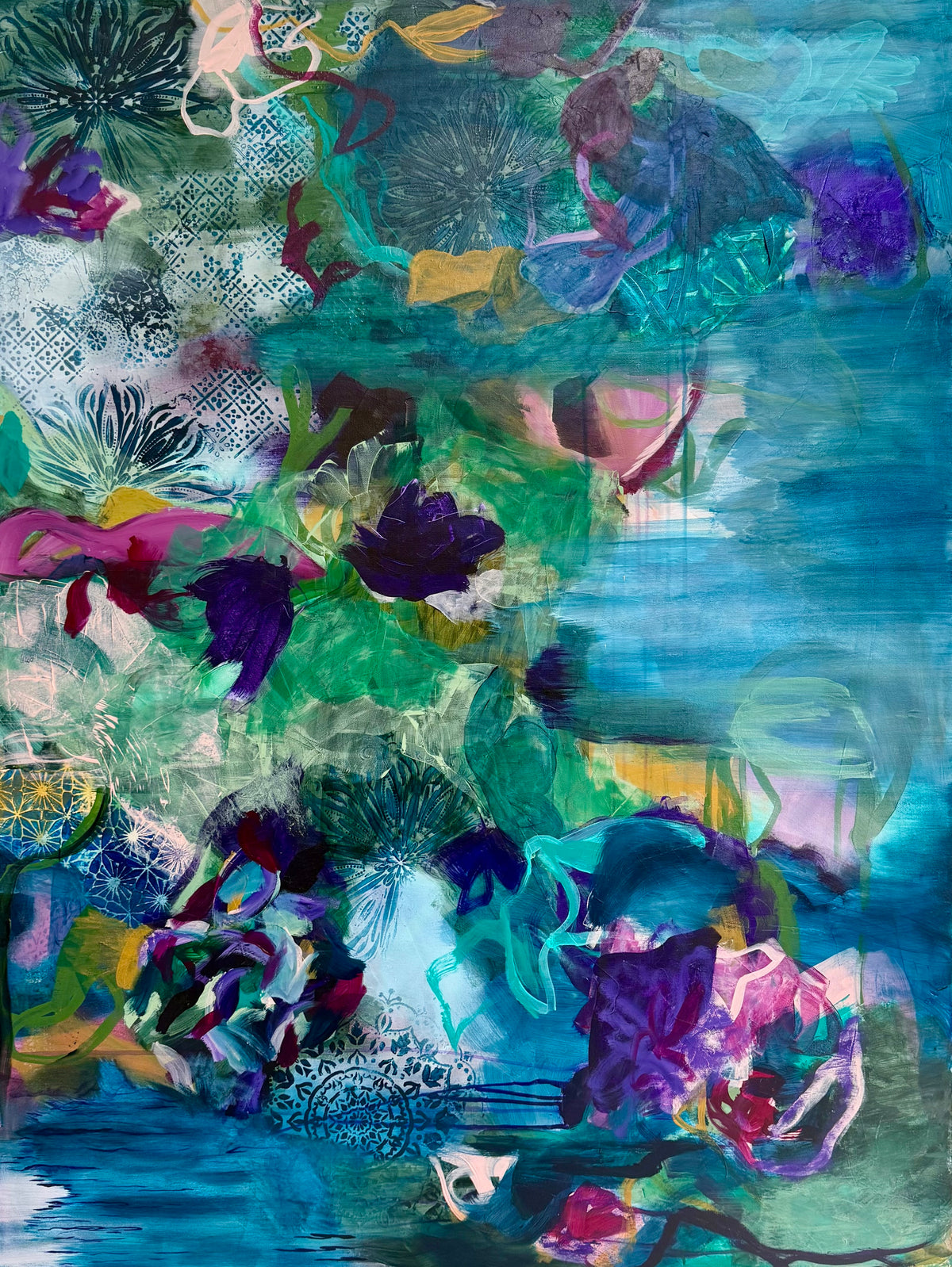 Abstract floral wall art print, blue and green mixed media on canvas texture