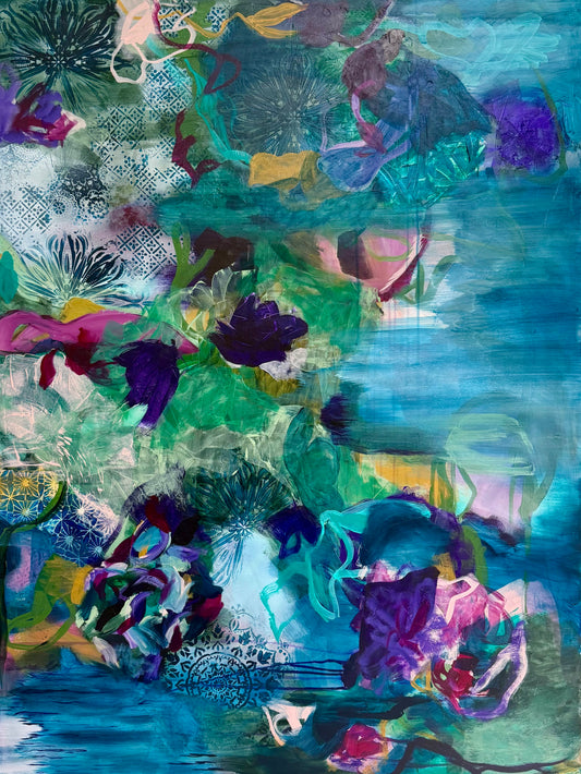 Abstract floral wall art print, blue and green mixed media on canvas texture